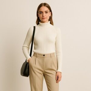 Hillard & Hanson White Cowl Neck Sweater with Ribbed Texture